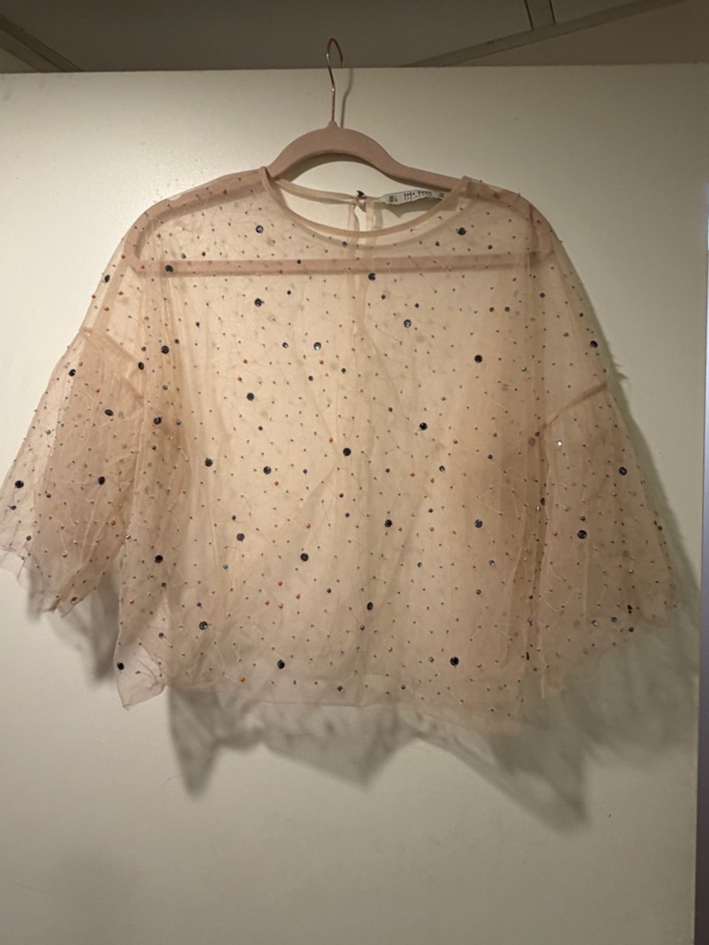 Zara Tulle Blouse featuring multi-colored jewel and bead appliqués. Size L - Picture 8 of 10